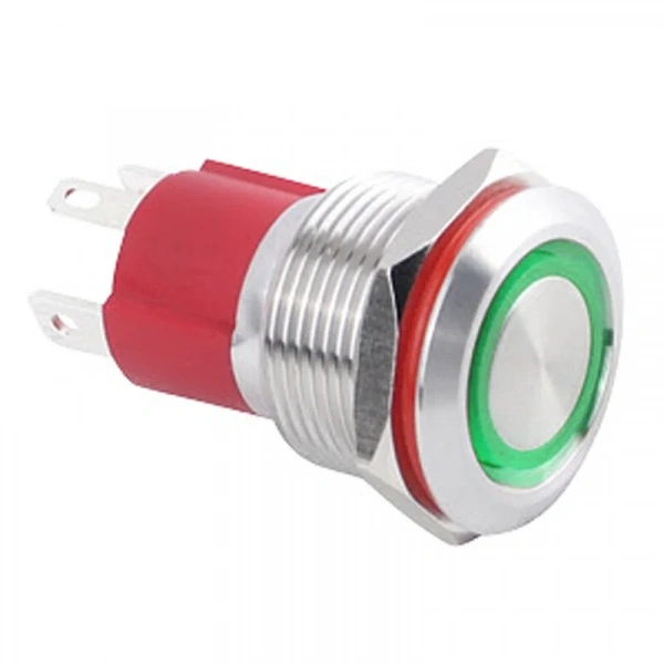 WD19D-P1Z-E 19mm Düz Anahtarlı Işıklı Metal Buton - Yeşil