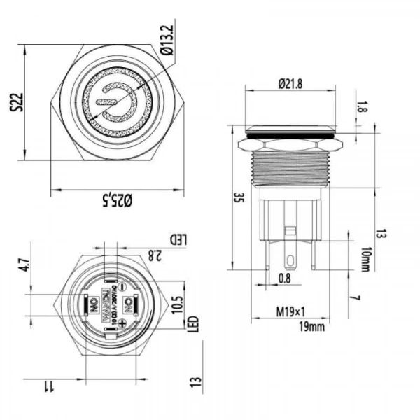 WD19D-P1Z-EC 19mm Düz Anahtarlı Işıklı Power Metal Buton - Kırmızı