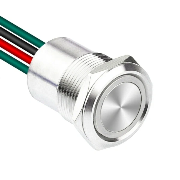 WD19D1-P2-E 19mm Düz Yaylı Işıklı Kablolu Metal Buton - Beyaz