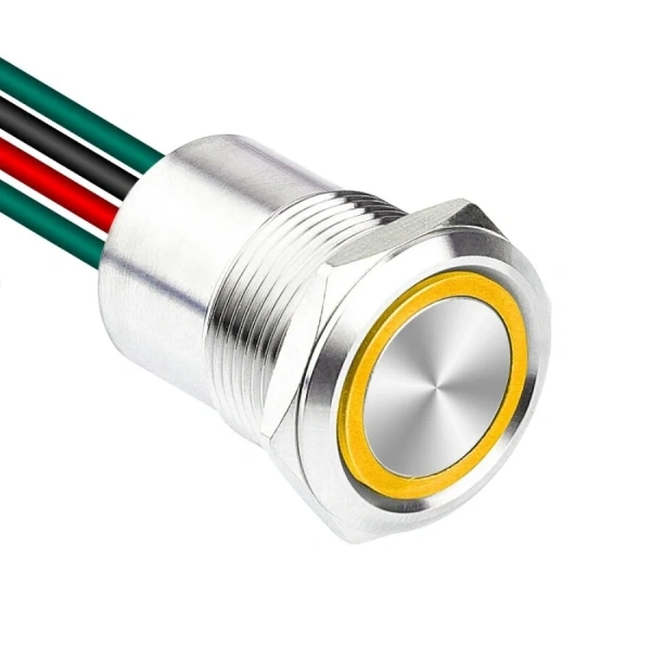 WD19D1-P2-E 19mm Düz Yaylı Işıklı Kablolu Metal Buton - Sarı