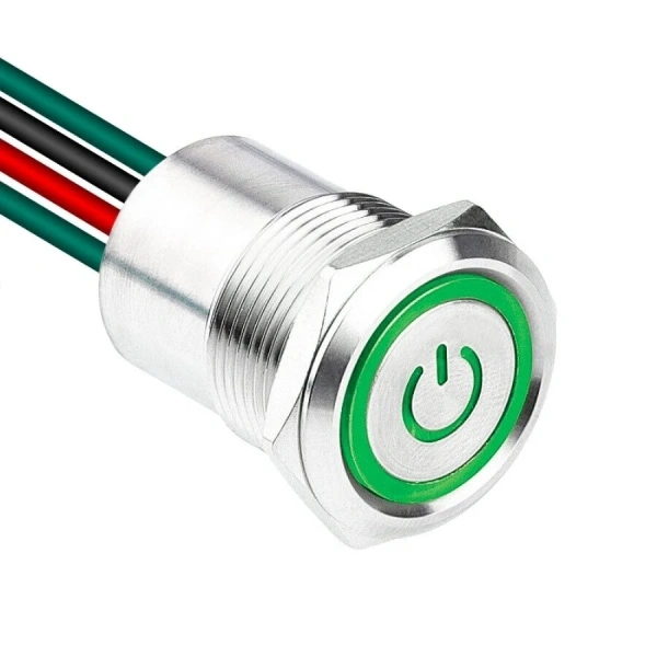 WD19D1-P2-EC 19mm Düz Yaylı Işıklı Power Kablolu Metal Buton - Yeşil