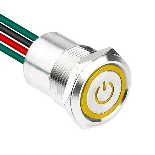 WD19D1-P2-EC 19mm Flat Spring Illuminated Metal Button with Power Cable - Yellow