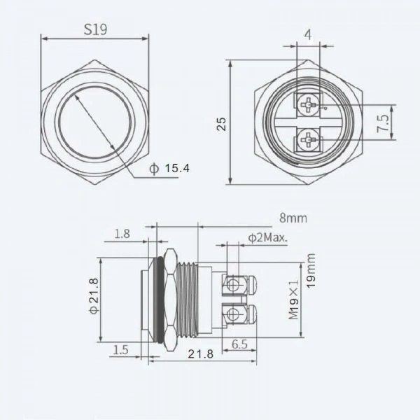 WD19H-G0 19mm Çıkık Yaylı Metal Buton