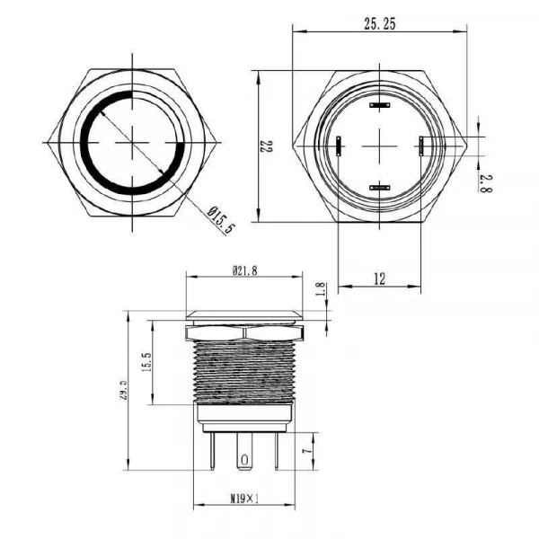 WD19H-P1-E 19mm Düz Yaylı Işıklı Metal Buton - Kırmızı