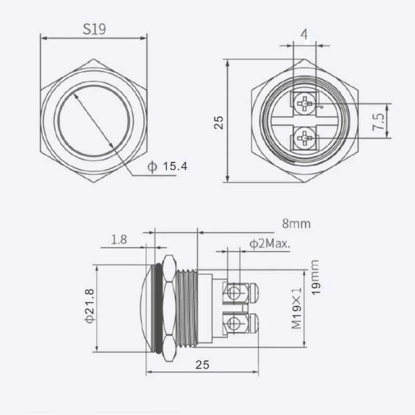 WD19H-Q0 19mm Bombeli Yaylı Metal Buton