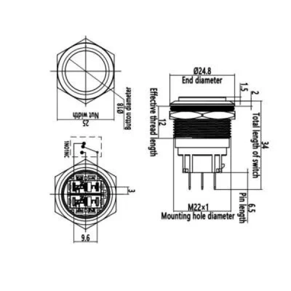 WD22B-G1 22mm Çıkık Yaylı Metal Buton