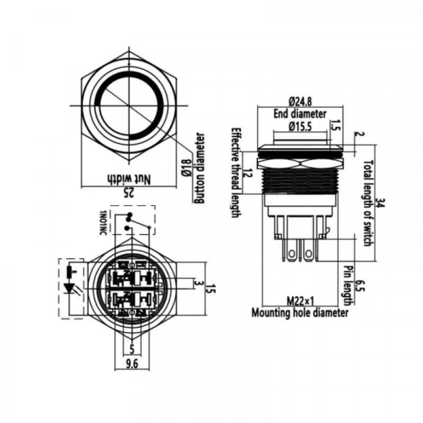 WD22B-G1-E 22mm Çıkık Yaylı Işıklı Metal Buton - Beyaz