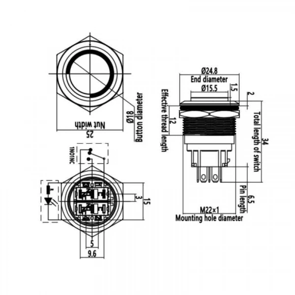 WD22B-G1-E 22mm Çıkık Yaylı Işıklı Metal Buton - Kırmızı