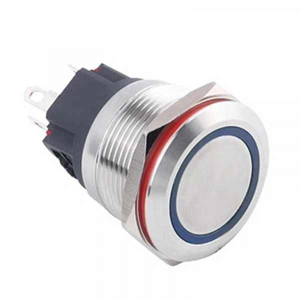 WD22B-P1-E 22mm Düz Yaylı Işıklı Metal Buton - Mavi