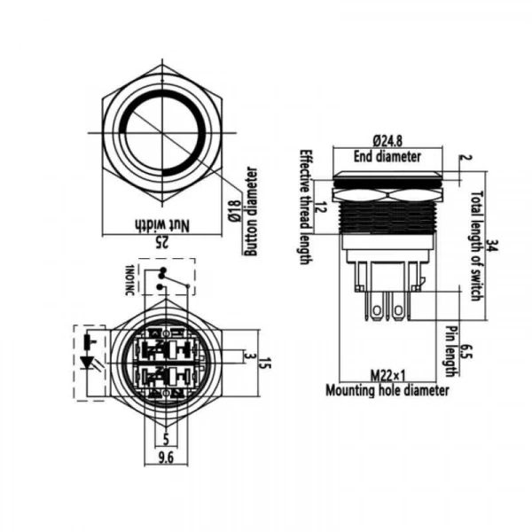 WD22B-P1-E 22mm Düz Yaylı Işıklı Metal Buton - Sarı