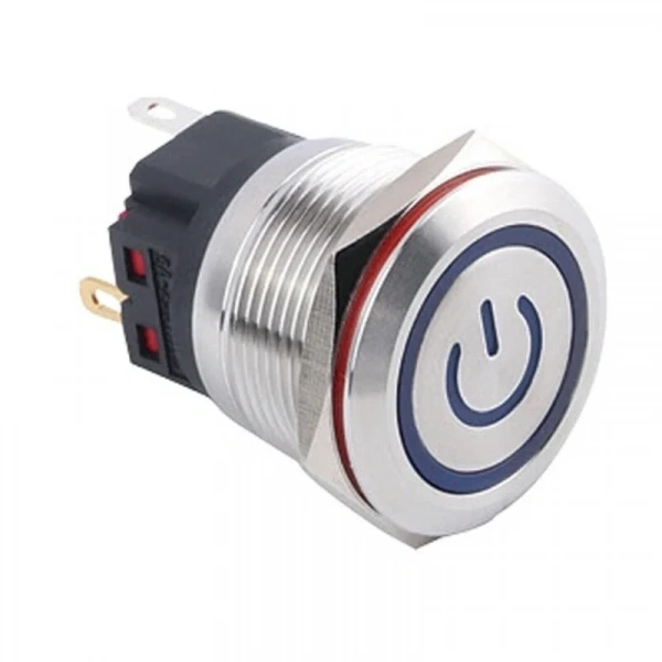 WD22B-P1-EC 22mm Düz Yaylı Işıklı Power Metal Buton - Mavi
