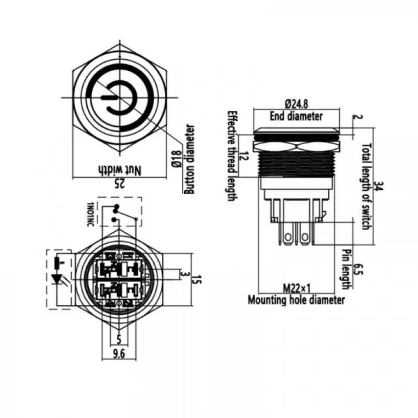 WD22B-P1-EC 22mm Düz Yaylı Işıklı Power Metal Buton - Sarı