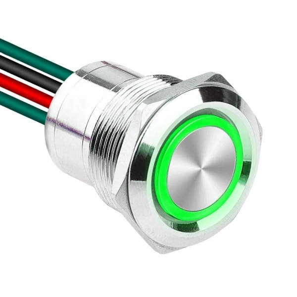 WD22D1-P2-E 22mm Düz Yaylı Işıklı Kablolu Metal Buton - Yeşil