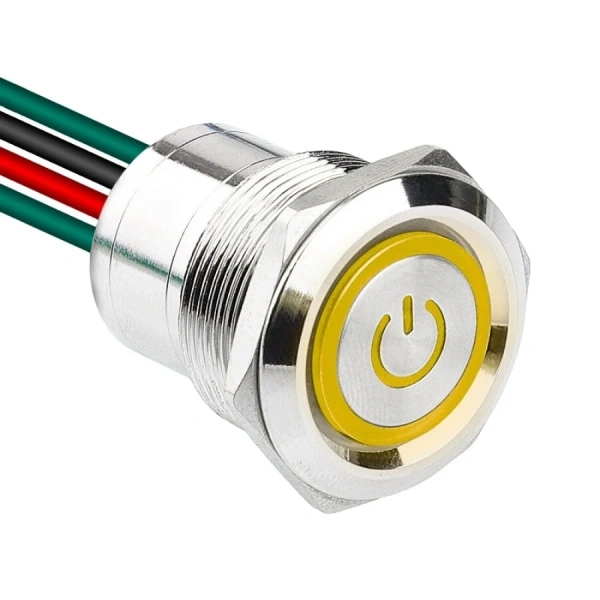 WD22D1-P2-EC 22mm Flat Spring Illuminated Metal Button with Power Cable - Yellow