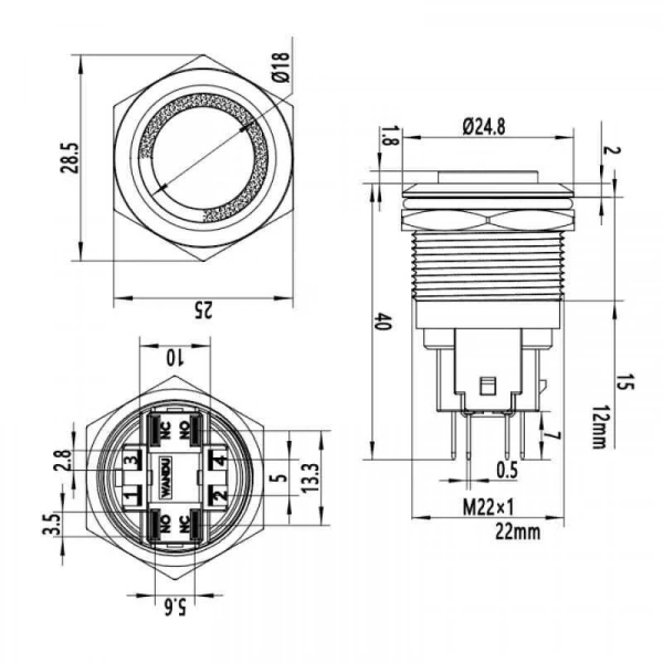 WD22E-G1-E 22mm Çıkık Yaylı Işıklı Metal Buton - Mavi