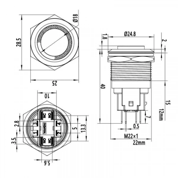 WD22E-G1-E 22mm Çıkık Yaylı Işıklı Metal Buton - Sarı