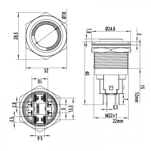 WD22E-G1Z-E 22mm Çıkık Anahtarlı Işıklı Metal Buton - Sarı