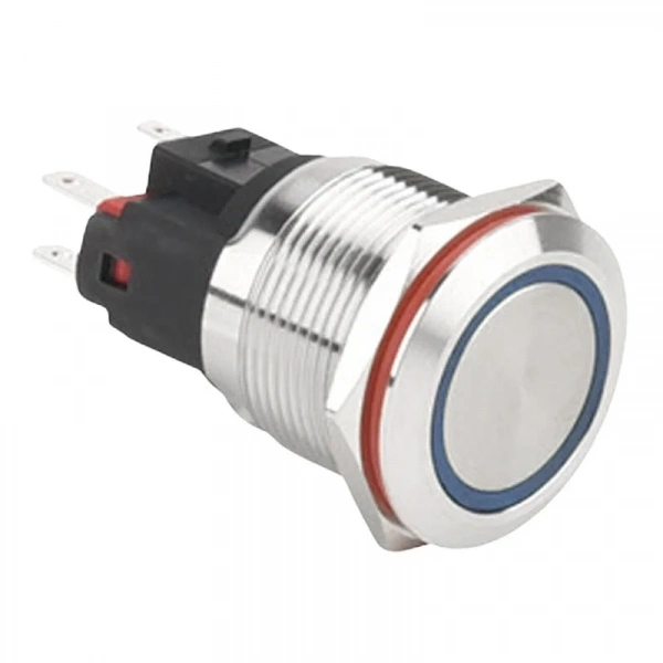 WD22E-P1-E 22mm Düz Yaylı Işıklı Metal Buton - Mavi