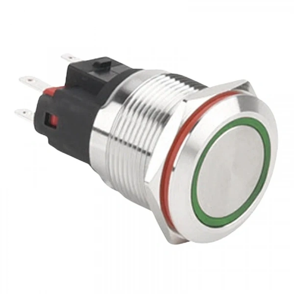 WD22E-P1-E 22mm Düz Yaylı Işıklı Metal Buton - Yeşil