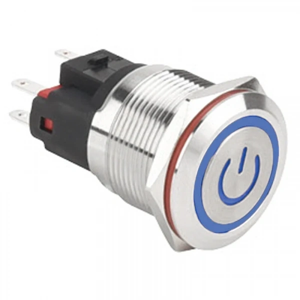 WD22E-P1-EC 22mm Düz Yaylı Işıklı Power Metal Buton - Mavi