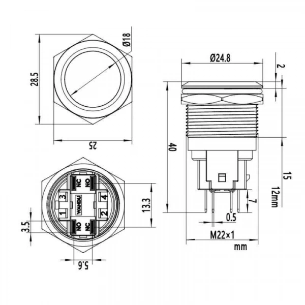 WD22E-P1Z 22mm Düz Anahtarlı Metal Buton