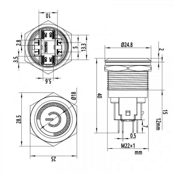 WD22E-P1Z-EC 22mm Düz Anahtarlı Işıklı Power Metal Buton - Mavi