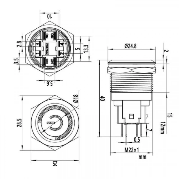 WD22E-P1Z-EC 22mm Düz Anahtarlı Işıklı Power Metal Buton - Sarı