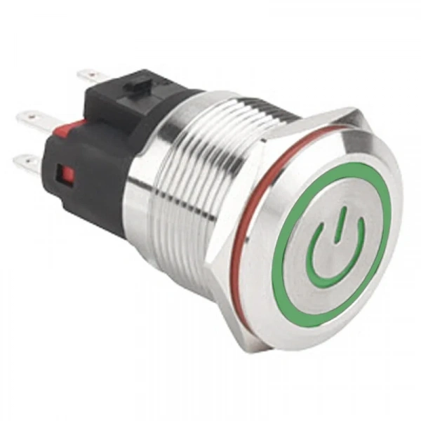 WD22E-P1Z-EC 22mm Düz Anahtarlı Işıklı Power Metal Buton - Yeşil