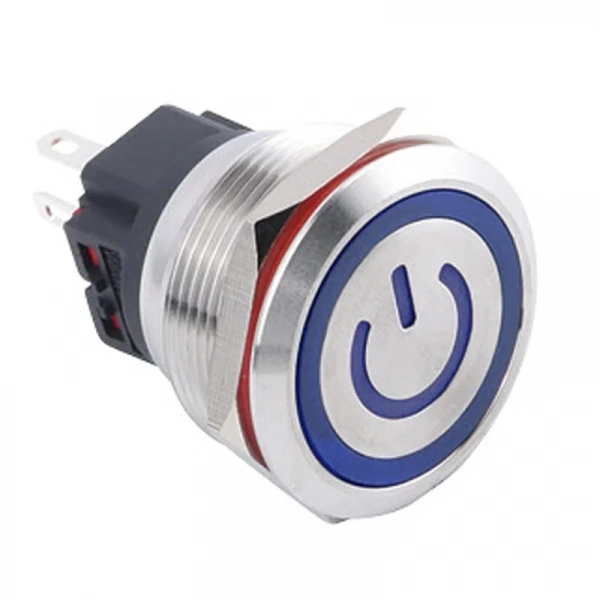 WD25B-P1-EC 25mm Düz Yaylı Işıklı Power Metal Buton - Mavi