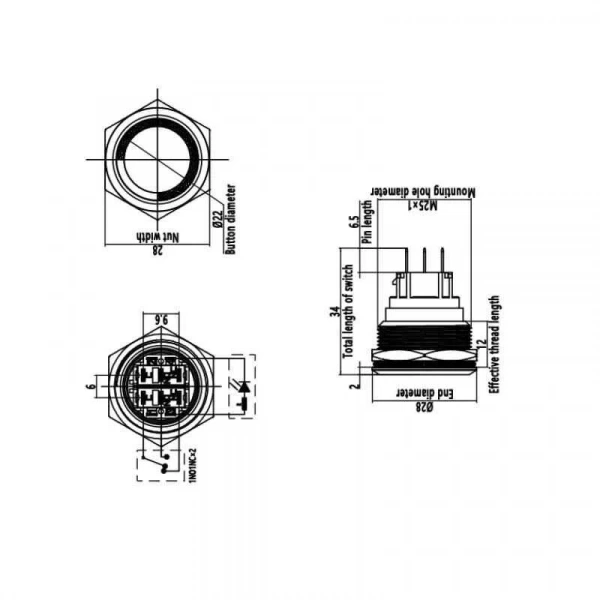 WD25B-P1Z-E 25mm Düz Anahtarlı Işıklı Metal Buton - Sarı