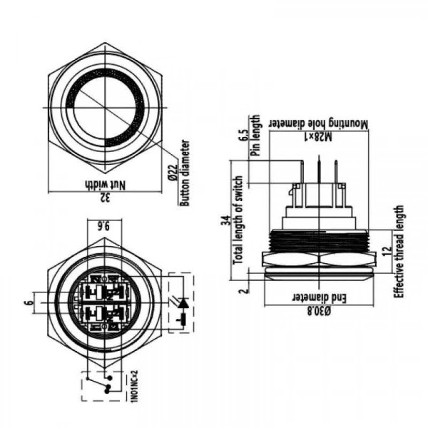 WD28B-G1Z-E 28mm Çıkık Anahtarlı Işıklı Metal Buton - Mavi