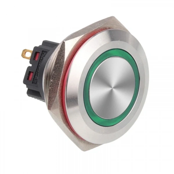 WD28B-P1-E 28mm Düz Yaylı Işıklı Metal Buton - Yeşil