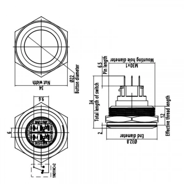 WD30B-P1 30mm Düz Yaylı Metal Buton