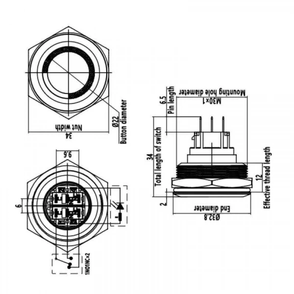 WD30B-P1Z-E 30mm Düz Anahtarlı Işıklı Metal Buton - Sarı
