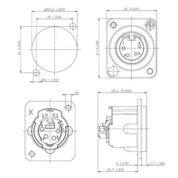 XLR Konnektör Panel Tipi Dişi - 3 Pin