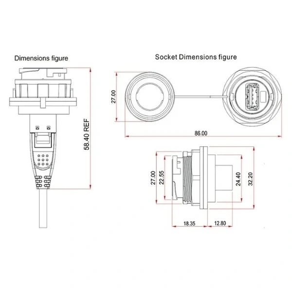 YU-USB2-FS-MP-1M-001A Su Geçirmez Dişi-Erkek USB Konnektör - 1M Kablo
