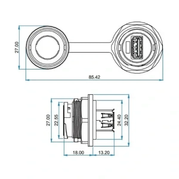 YU-USB2-JSX-01-001 Su Geçirmez USB Konnektör - Dişi