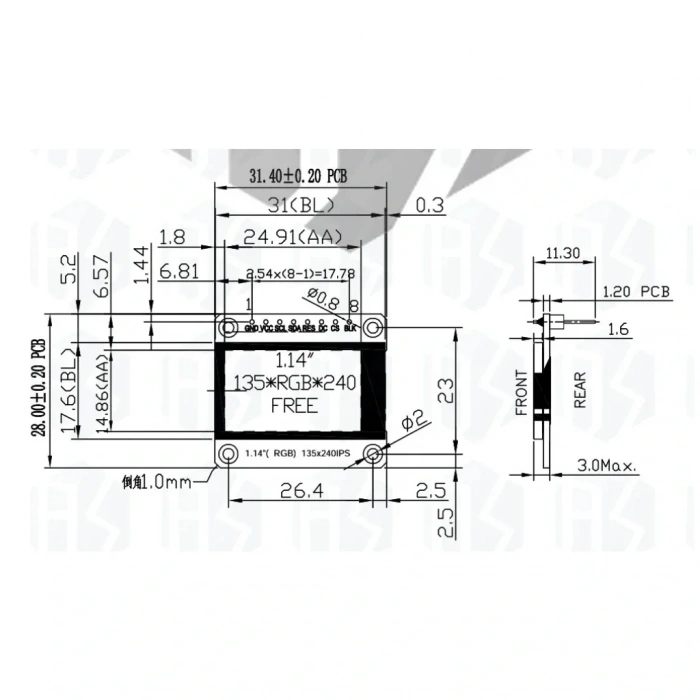 1.14 inch ST7789V Chip 135×240 RGB TFT IPS 8 Pin LCD Ekran Modülü