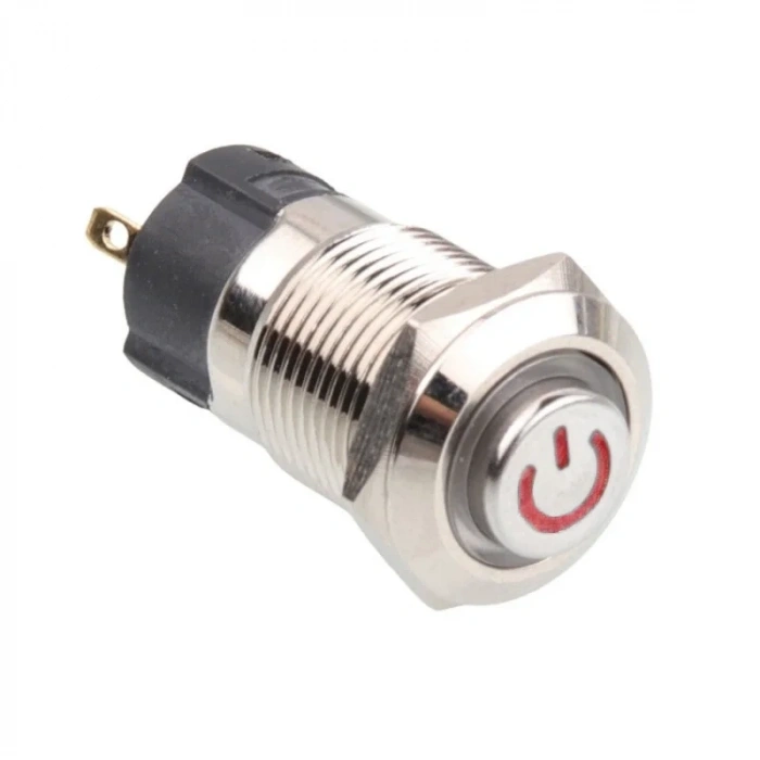 12A-G1-C 12mm Çıkık Yaylı Işıklı Power Metal Buton - Kırmızı