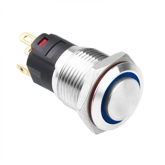 16A-G1-E 16mm Çıkık Yaylı Işıklı Metal Buton - Mavi