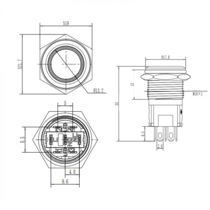 16A-P1Z-E 16mm Düz Anahtarlı Işıklı Metal Buton - Yeşil