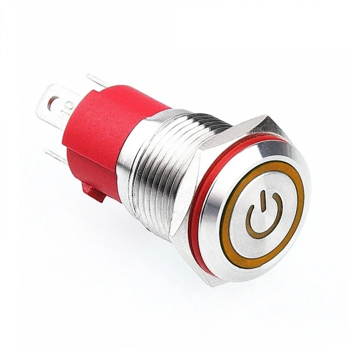 16D-P1Z-EC 16mm Düz Anahtarlı Işıklı Power Metal Buton - Sarı