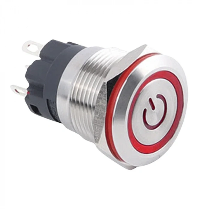 19A-P1Z-EC 19mm Düz Anahtarlı Işıklı Power Metal Buton - Kırmızı