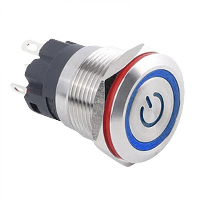 19A-P1Z-EC 19mm Düz Anahtarlı Işıklı Power Metal Buton - Mavi