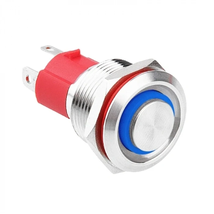 19D-G1-E 19mm Çıkık Yaylı Işıklı Metal Buton - Mavi