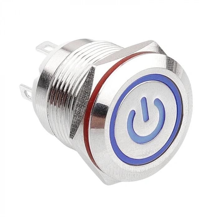 19H-P1-EC 19mm Düz Yaylı Işıklı Power Metal Buton - Mavi