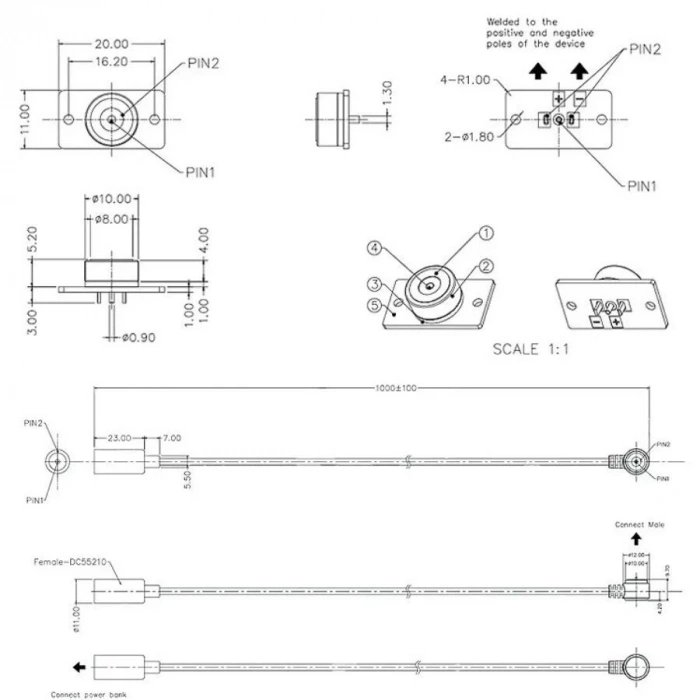 2-Pin 10mm 90C Kablolu PCBli Pogo Pin Manyetik Konnektör Takımı - DC Soketli