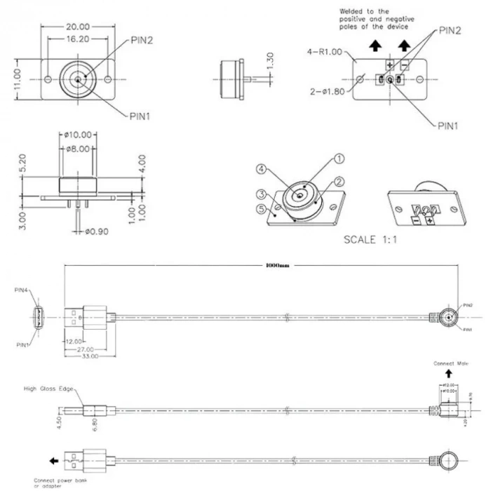 2-Pin 10mm 90C Kablolu PCBli Pogo Pin Manyetik Konnektör Takımı - USB Soketli
