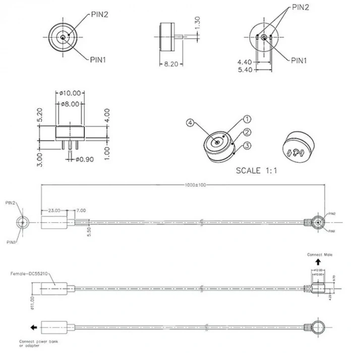 2-Pin 10mm 90C Kablolu Pogo Pin Manyetik Konnektör Takımı - DC Soketli