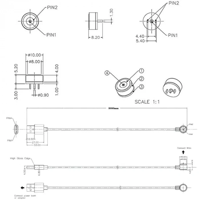 2-Pin 10mm 90C Kablolu Pogo Pin Manyetik Konnektör Takımı - USB Soketli